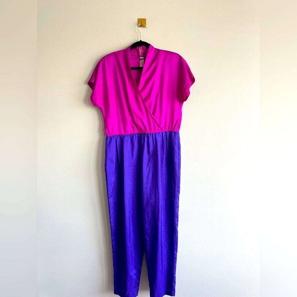 Vintage 80s Joan Walters Colorblock Jumpsuit Pink Purple Wrap Top Size 12